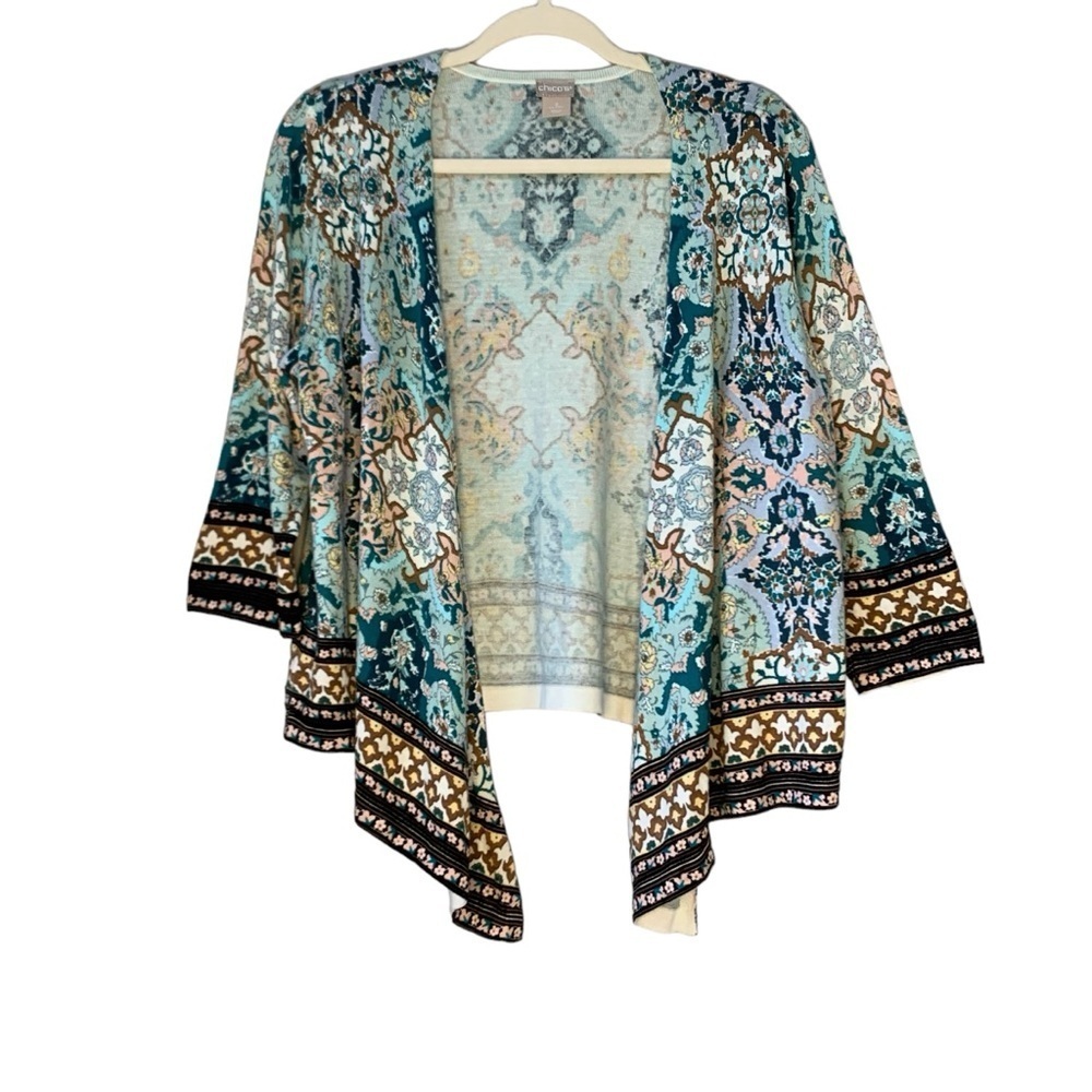 Chico’s aqua and multi color paisley print open front cardigan. Size 2(L)